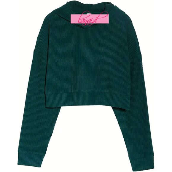 Alo Muse Hoodie Midnight Green Ribbed Hooded Pullover Sweatshirt Hood Sweater L - Picture 9 of 11